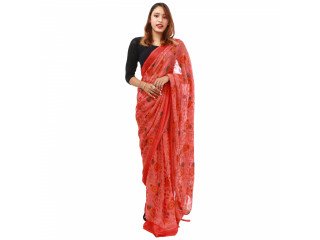 Women's Zari Printed Chiffon Saree with Unstitched Blouse Piece